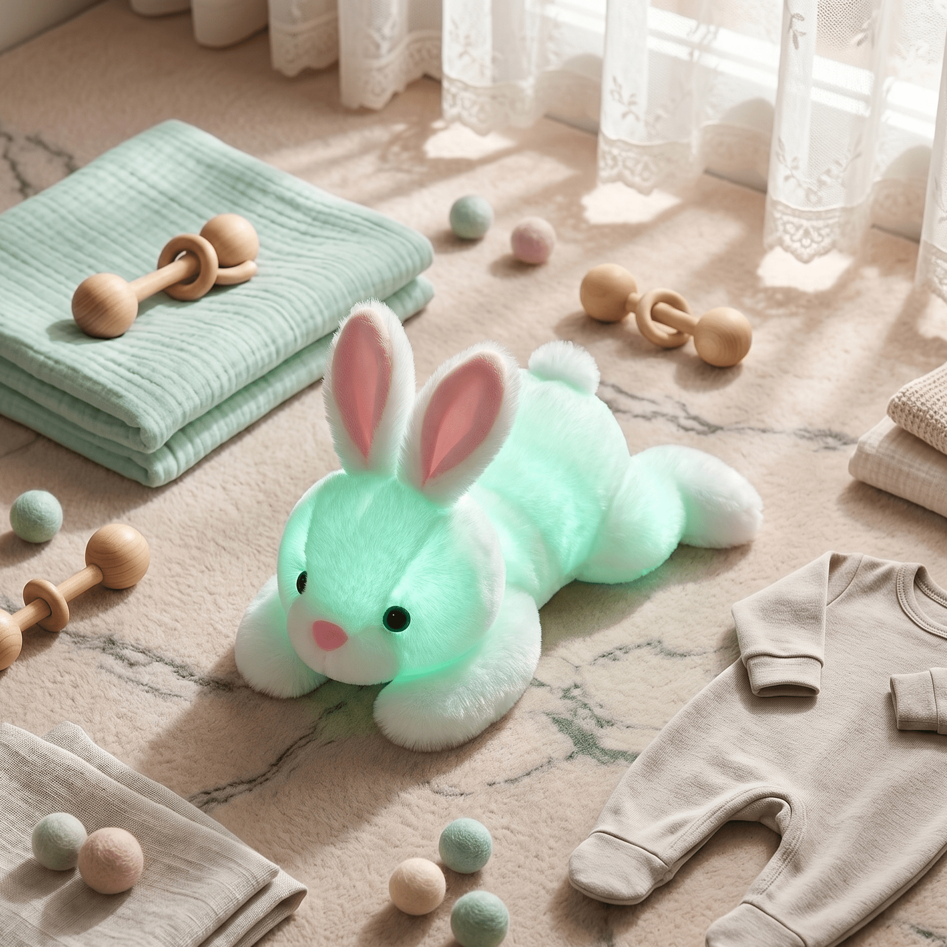 Glowing green bunny plush toy on a floor with baby items like clothes and toys.